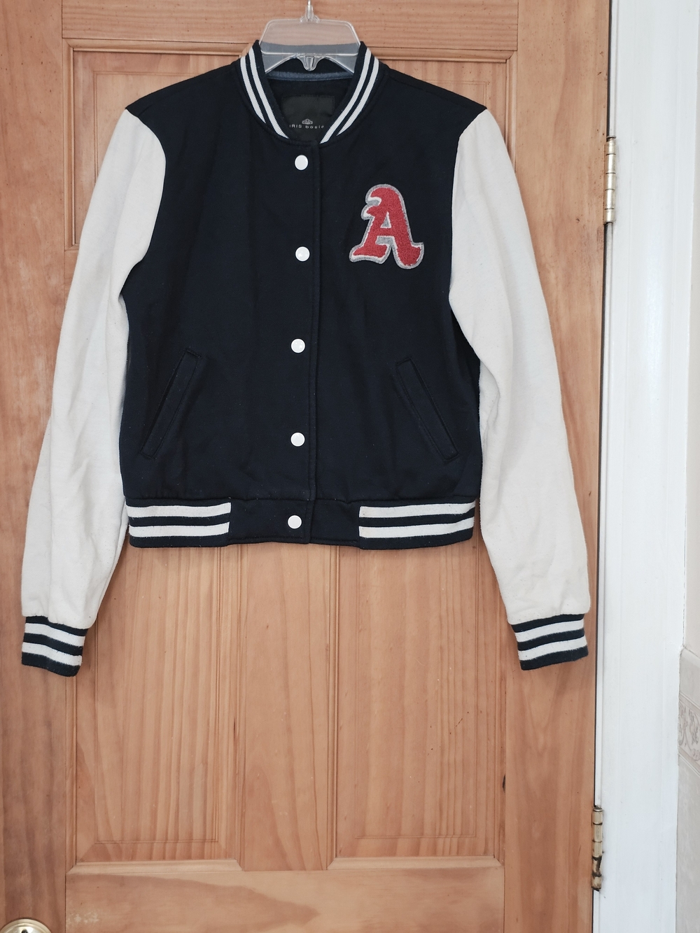Iris Basic Blue White Varsity Bomber Jacket Letter Patch Snap Front Women’s